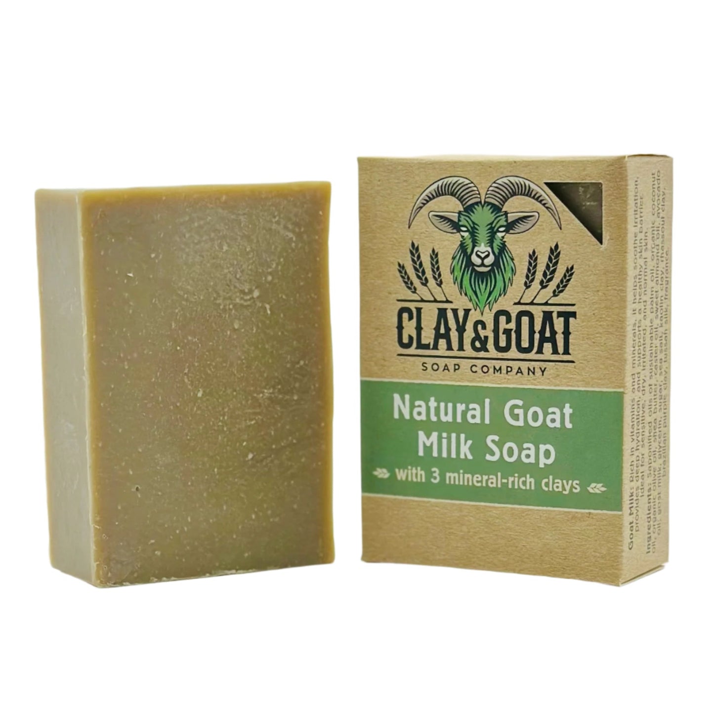 Bay Rum goat milk soap with branded Clay & Goat Soap Co. packaging. Ideal for eczema and mature skin.