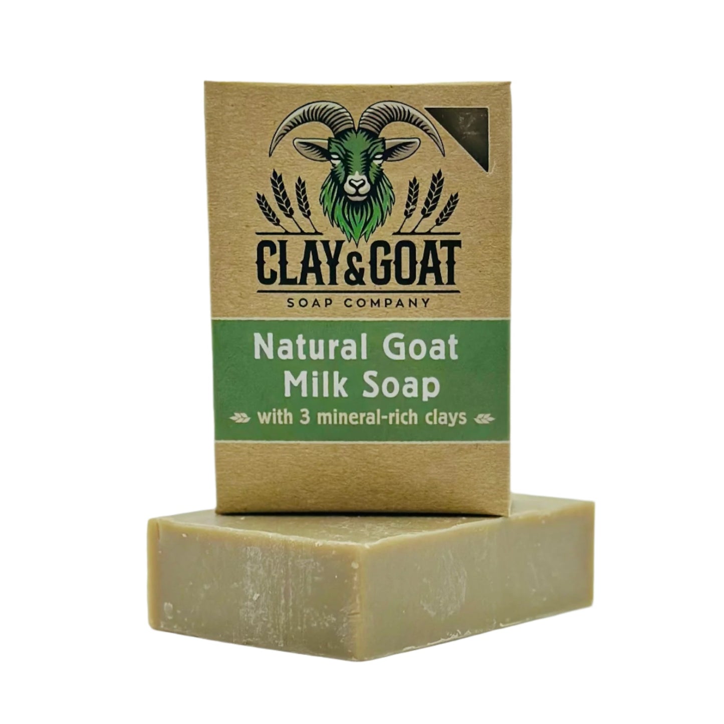 Bay Rum goat milk soap with branded Clay & Goat Soap Co. packaging. Ideal for eczema and mature skin.