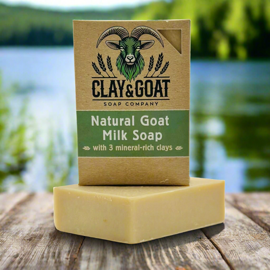 Clay & Goat unscented goat milk soap bar on wood surface with lake in background