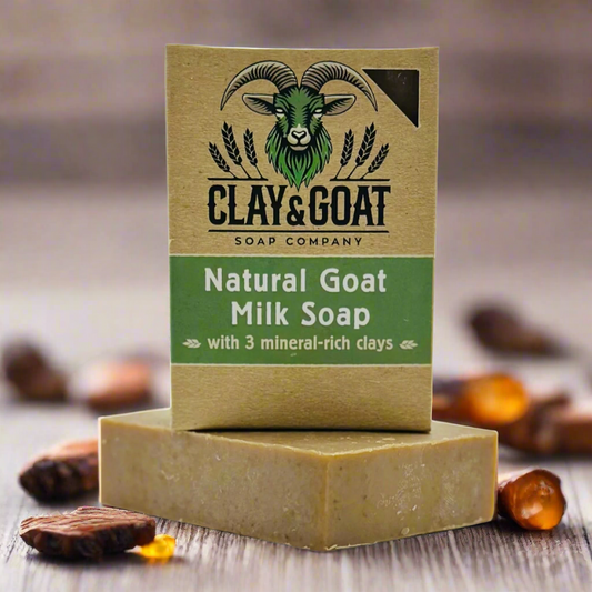 Sandalwood and Amber goat milk soap bar for dry and sensitive skin. Handmade by Clay & Goat Soap Co.