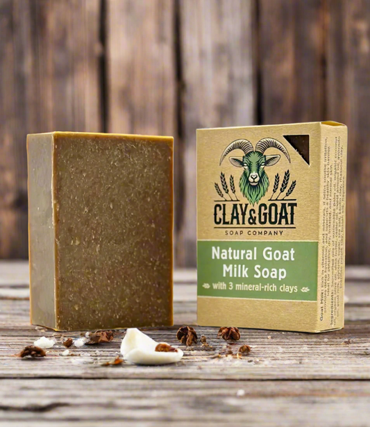 Tobacco Vanilla goat milk soap with branded Clay & Goat Soap Co. packaging. Ideal for eczema and mature skin.
